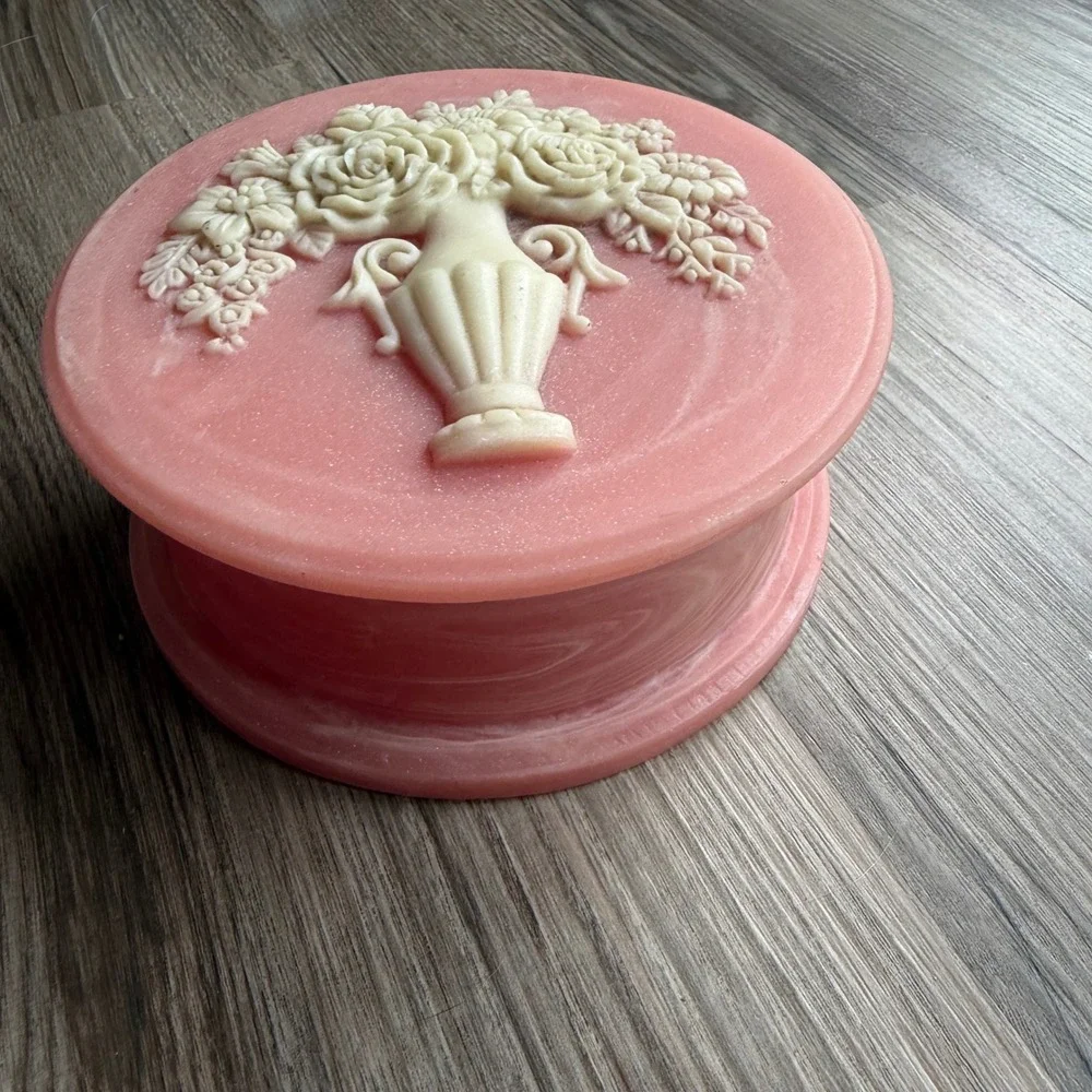 Vintage Pink Marbled Floral Cameo Inlay Trinket Box Round Jewelry Keepsake Case